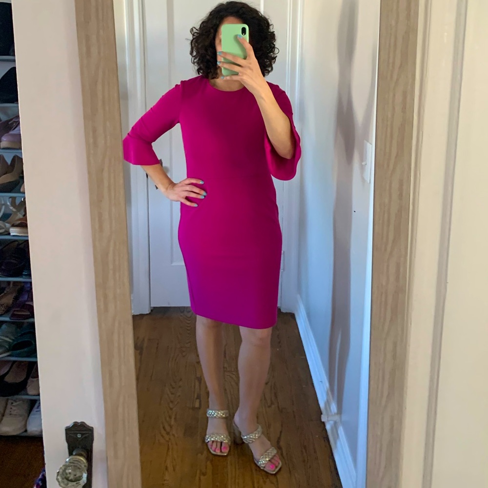 Donna Morgan Pink Sheath Dress Tulip elbow length sleeves